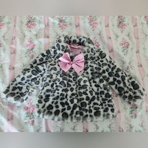 Leopard Print Faux Fur Coat with Pink Bow